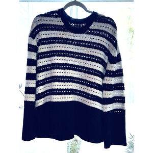 GAP Crochet Sweater Women Size M White/Navy Split-Hem Oversized Boho